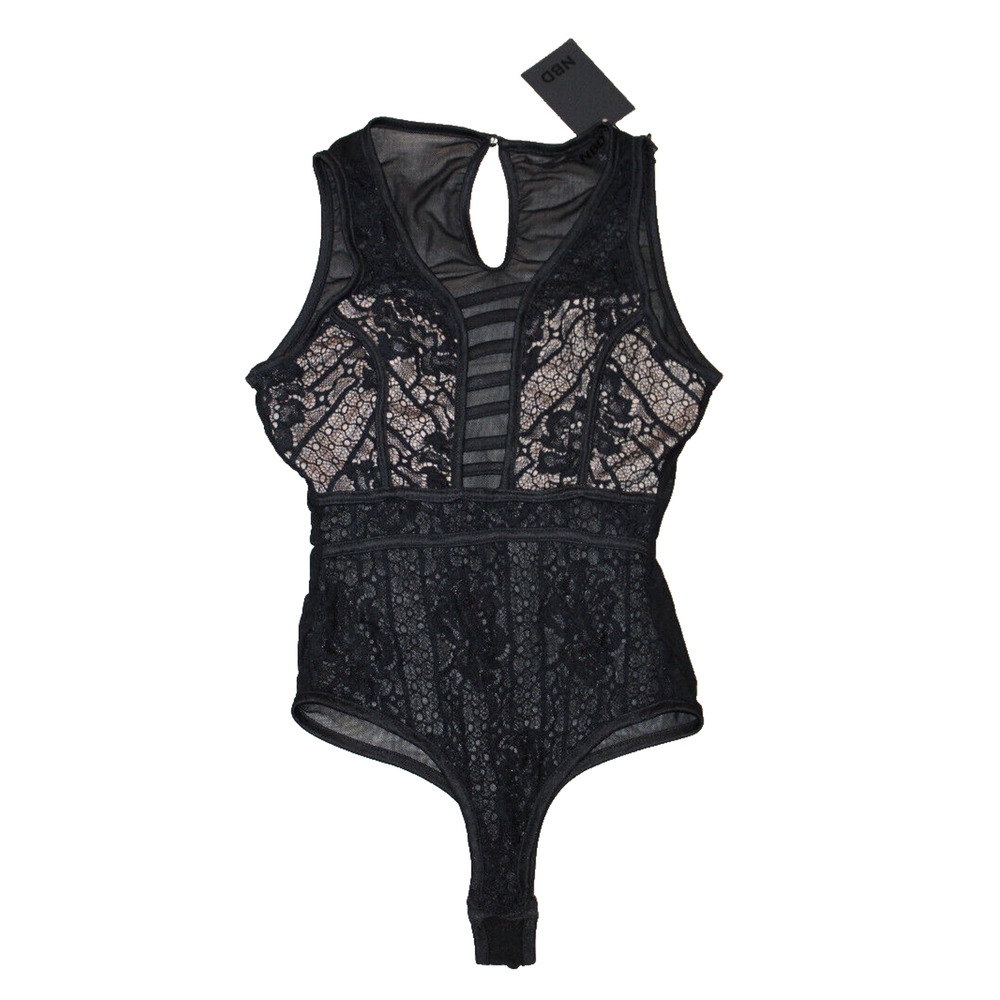 A8 New NBD Womens Black Floral Lace Bodysuit Lingerie Snap Crotch Top Black Sz S